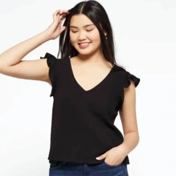 Stitch Fix Nine Britton Melanie Ruffle Sleeve Top Womens Large Black V-Neck - Picture 1 of 7